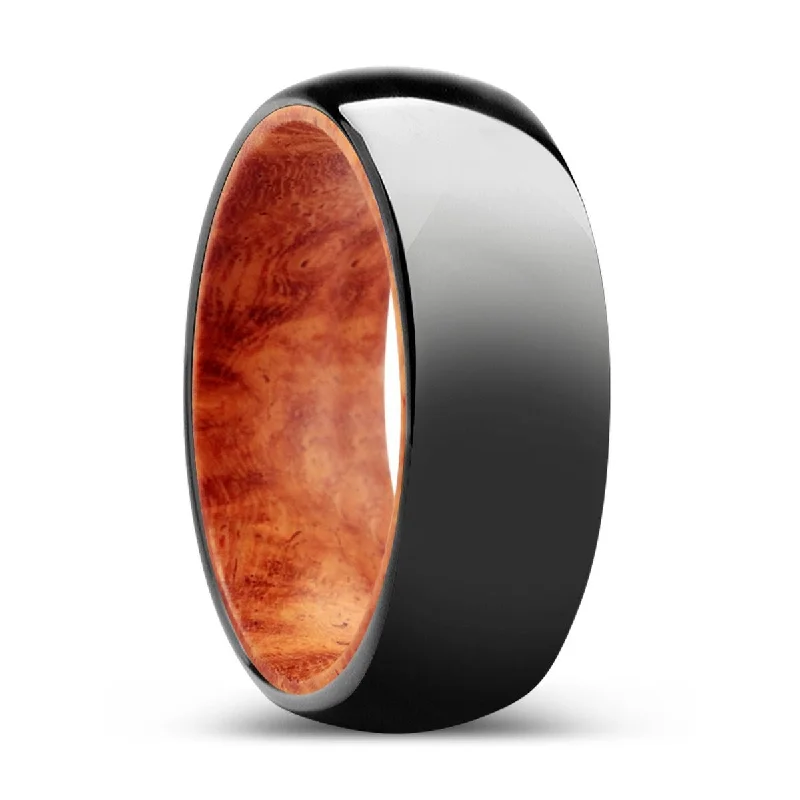 diamond wedding bands for women-WOODLANDIA | Red Burl Wood, Black Tungsten Ring, Shiny, Domed Tungsten