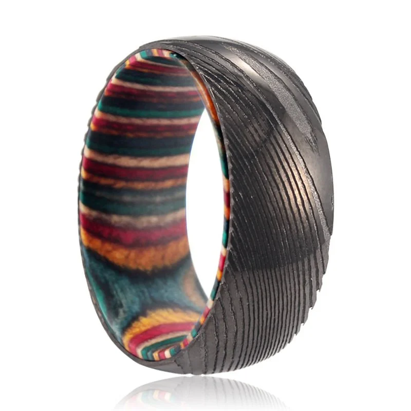 handmade rings for women-VERA | Multi Color Wood, Gunmetal Damascus Steel Ring, Domed