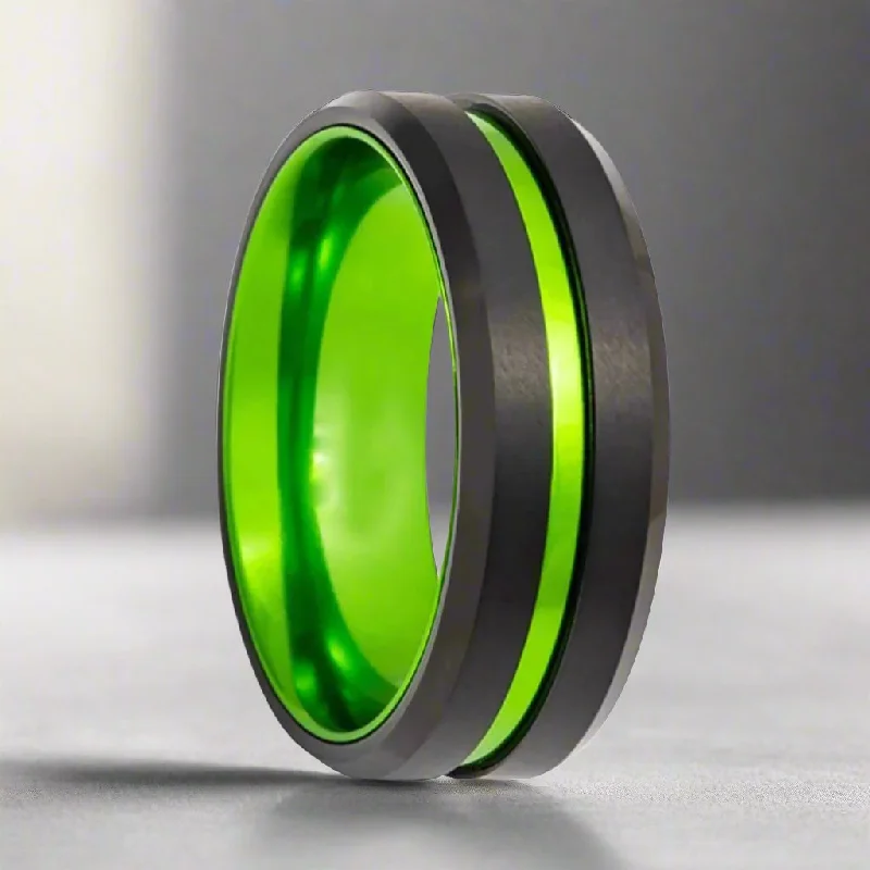 cute rings for women-TESLA | Green Ring, Black Tungsten, Green Groove, Beveled Edges