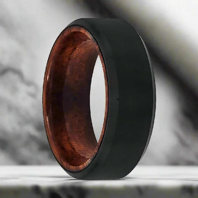 adjustable rings for women-MASERATI | Rose Wood, Black Tungsten Ring, Brushed, Beveled