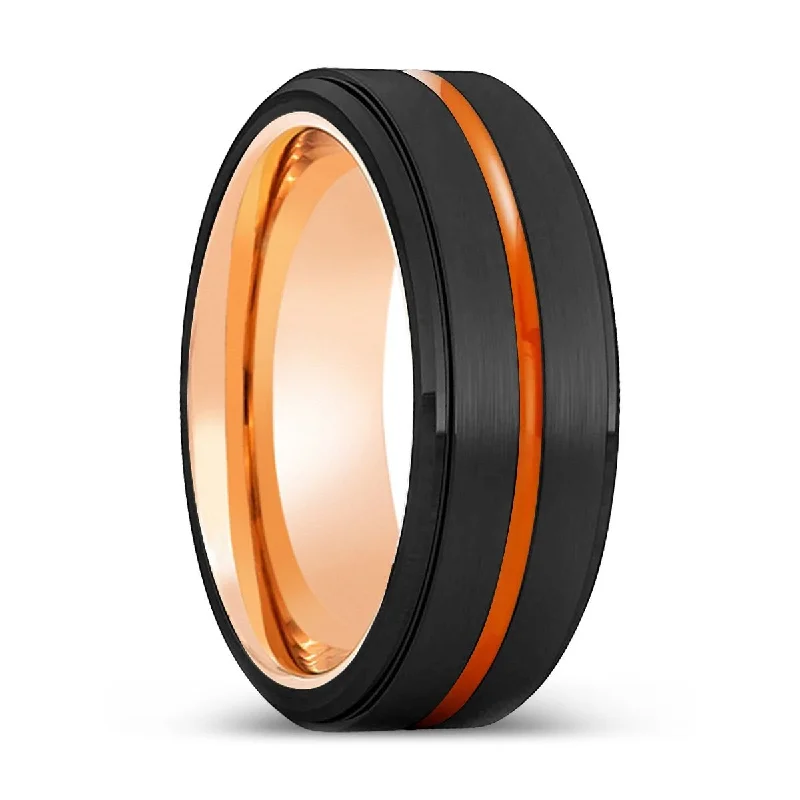 eternity rings for women-MONTGOMERY | Rose Gold Ring, Black Tungsten Ring, Orange Groove, Stepped Edge