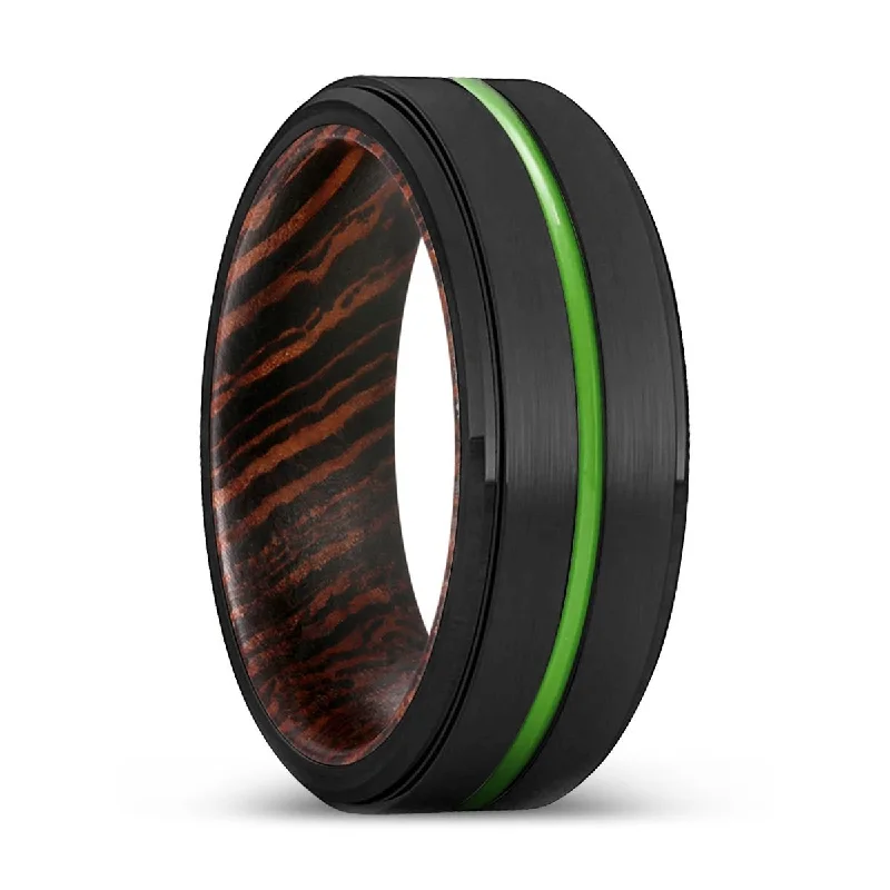 adjustable diamond rings for women-HAYWARD | Wenge Wood, Black Tungsten Ring, Green Groove, Stepped Edge