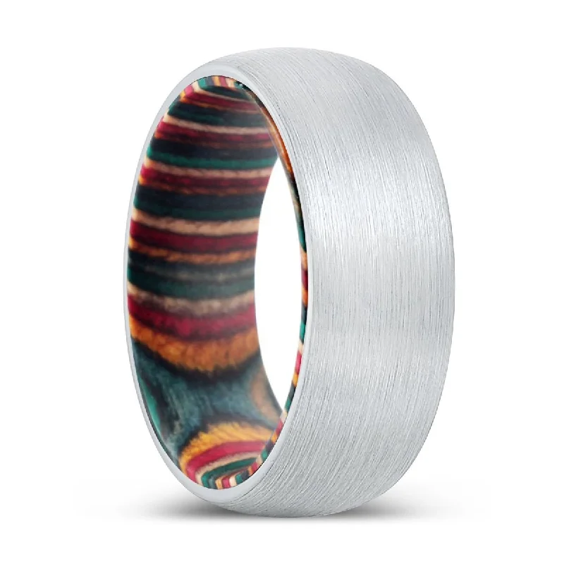 romantic rings for women-FREEDOM | Multi Color Wood, White Tungsten Ring, Brushed, Domed