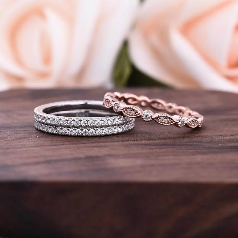 custom engagement rings-Full Eternity 3PC Stacking Wedding Band Set In Rose Gold