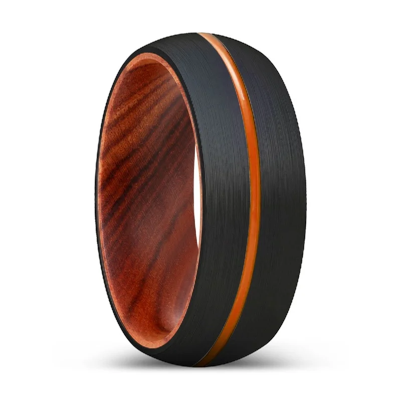 sapphire engagement rings for women-PAVILION | IRON Wood, Black Tungsten Ring, Orange Groove, Domed