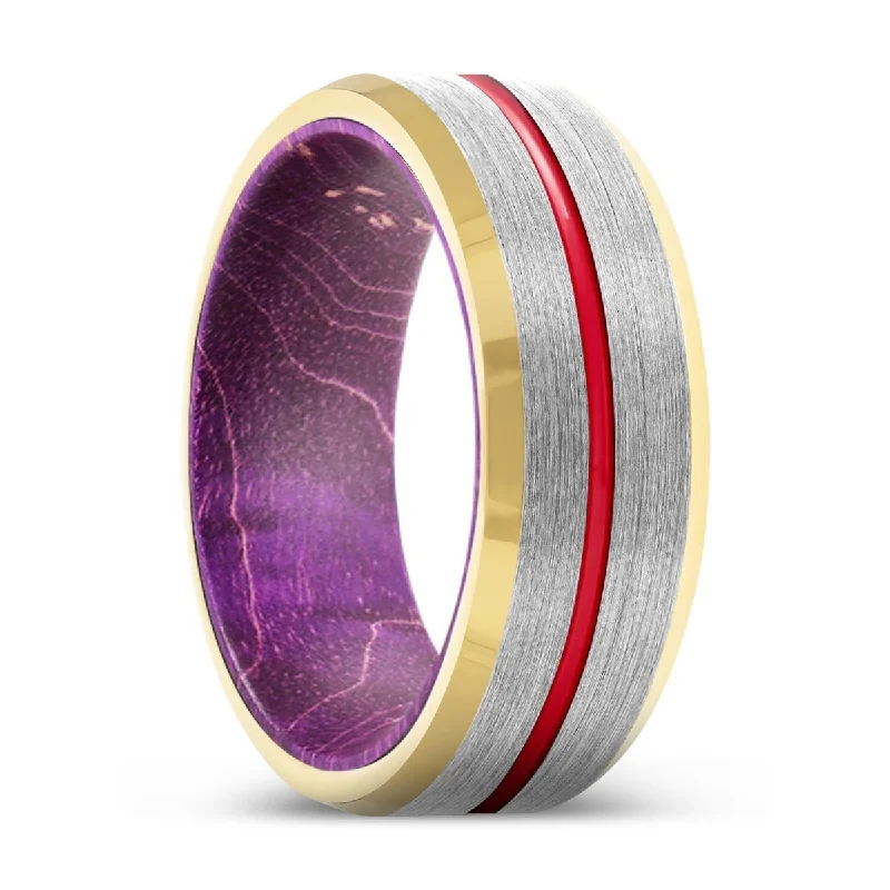 statement rings for women-SURGE | Purple Wood, Silver Tungsten Ring, Red Groove, Gold Beveled Edge