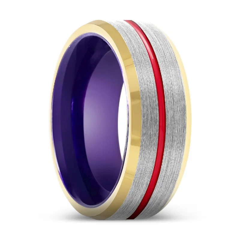 pearl rings for women-LYNX | Purple Ring, Silver Tungsten Ring, Red Groove, Gold Beveled Edge