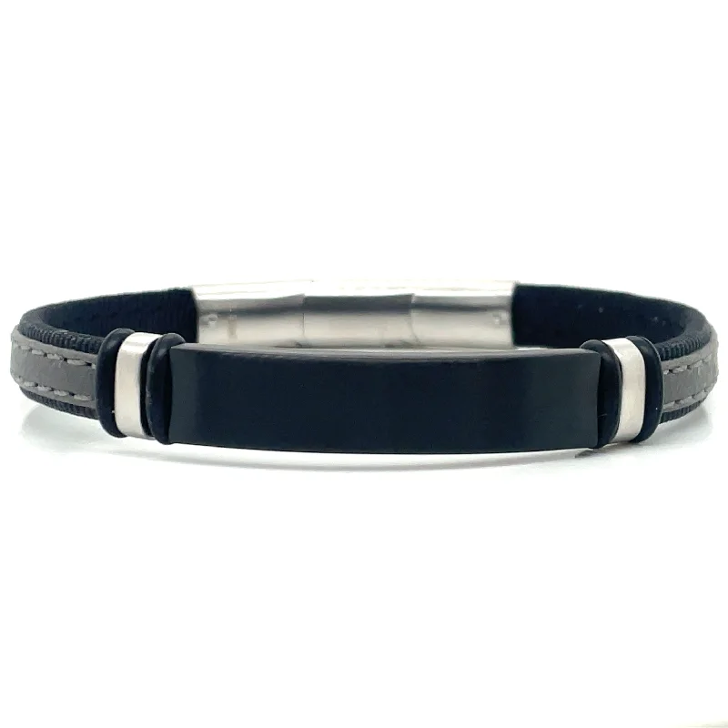 classic bangle sets for women-Gents Grey Leather And Stainless Steel ID Bracelet With Magnetic Catch