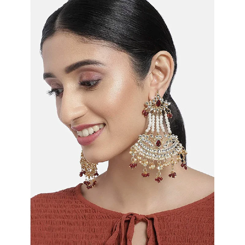 flower earrings for women-Etnico Gold Plated Traditional Kundan & Pearl Dangler Drop Paasa Earrings For Women (E2636M)