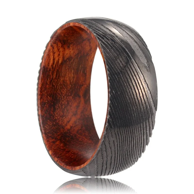 luxury wedding rings for women-RIDDLE | Snake Wood, Gunmetal Damascus Steel Ring, Domed