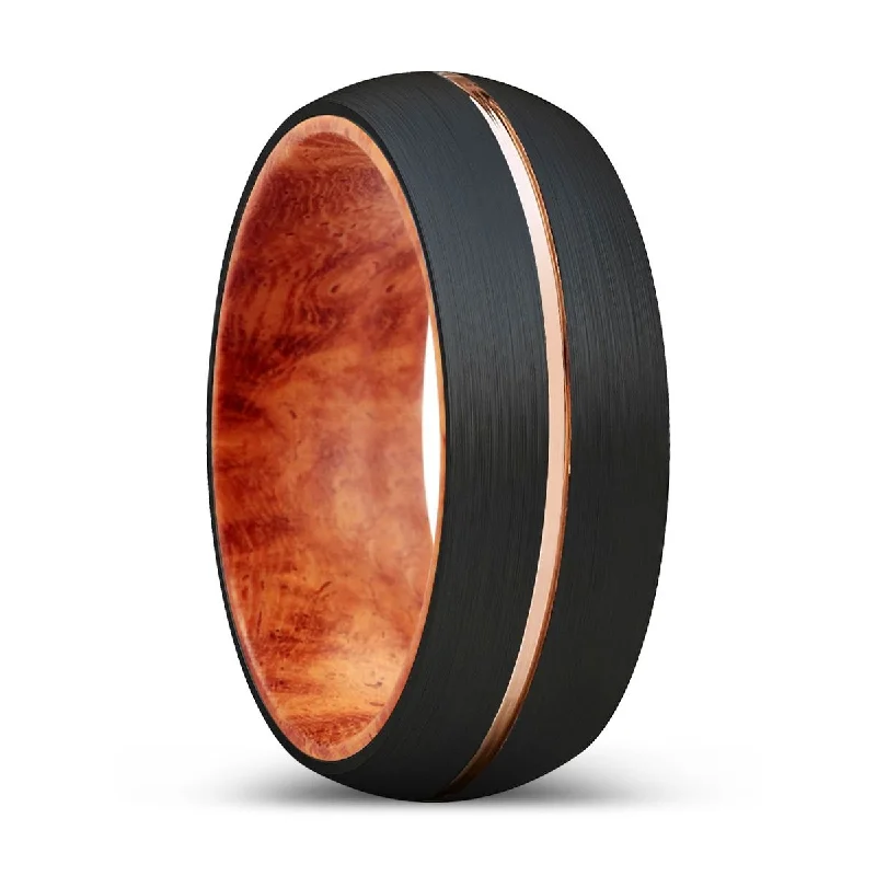 infinity rings for women-THROK | Red Burl Wood, Black Tungsten Ring, Rose Gold Groove, Domed