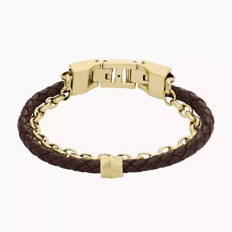 trendy statement bangles for women-Fossil All Stacked Up Brown Leather Bracelet