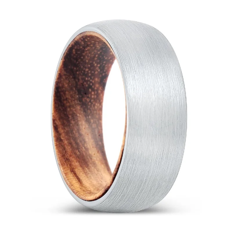 unique engagement rings for women-POWER | Zebra Wood, White Tungsten Ring, Brushed, Domed