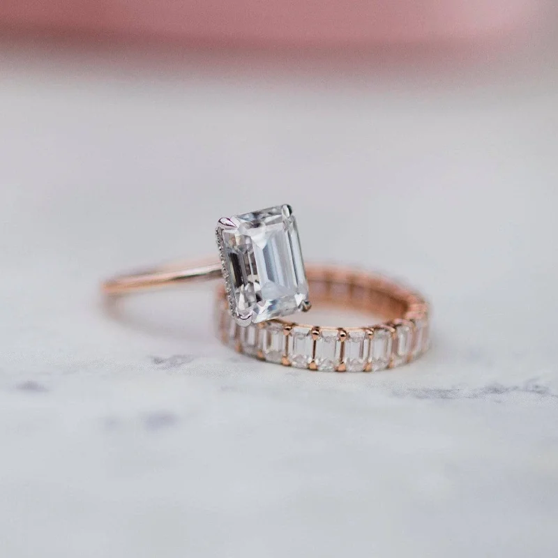 custom diamond engagement rings-Yellow Gold 3.5ct Emerald Cut Engagement Ring & Emerald Cut Band