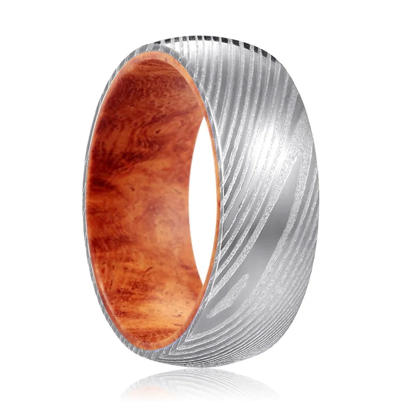 custom-made wedding rings for women-ROJO | Red Burl Wood, Silver Damascus Steel, Domed