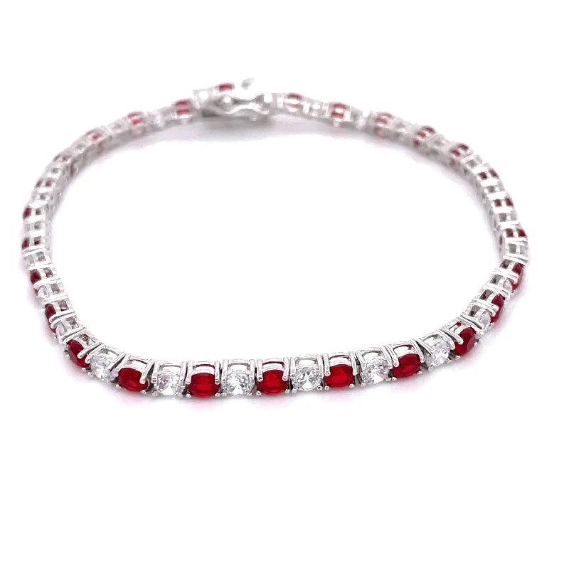 layered bangles for women-Sterling Silver Ruby & White CZ Tennis Bracelet