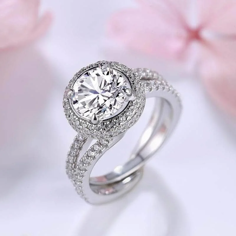 modern diamond engagement rings-2.0ct Round Cut Halo Insert Wedding Ring Set