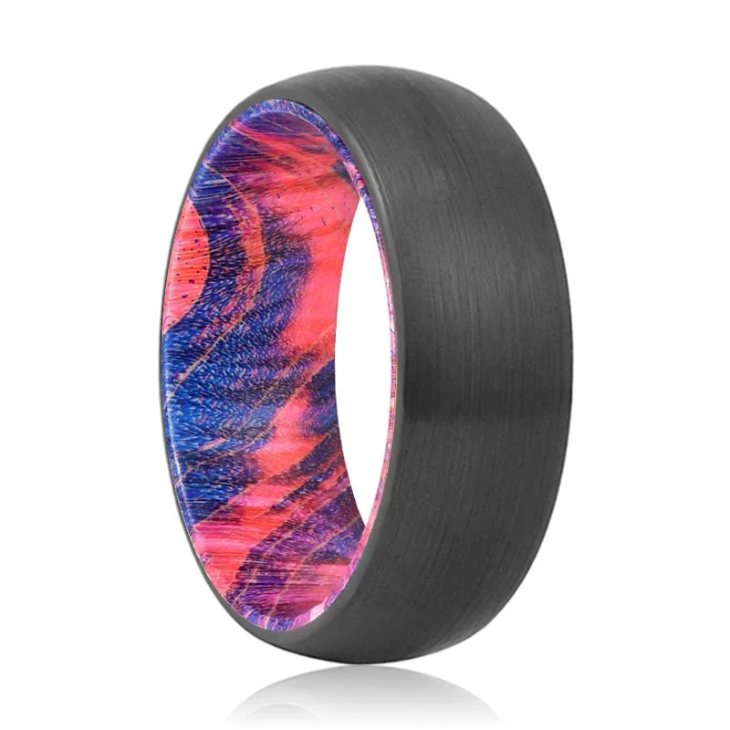 luxury gold rings for women-FORCE | Blue & Red Wood, Black Tungsten Ring, Brushed, Domed