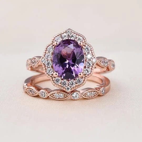 solitaire engagement rings for women-Rose Gold Amethyst Stone Halo Oval Cut Vintage Wedding Set