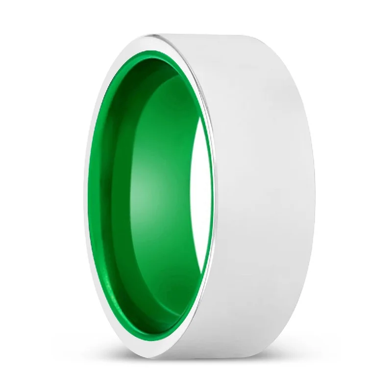 emerald rings for women-LEROY | Green Ring, Silver Tungsten Ring, Shiny, Flat