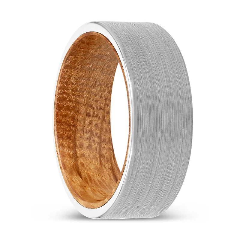 luxury wedding rings for women-EASTWOOD | Whiskey Barrel Wood, White Tungsten Ring, Brushed, Flat