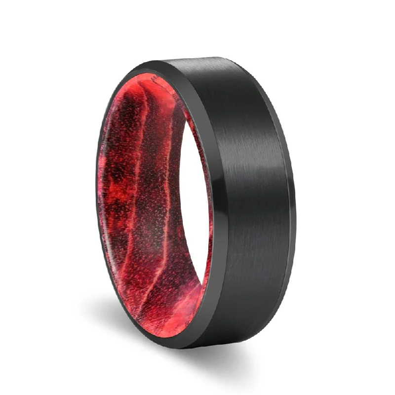 eternity rings for women-MARRON | Black & Red Wood, Black Tungsten Ring, Brushed, Beveled