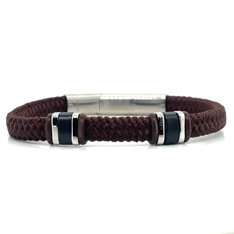 bracelet bangles for women-Gents Brown Cotton And Stainless Steel Bracelet