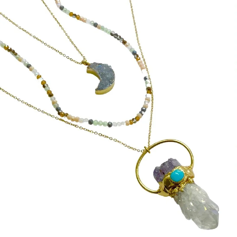 gemstone pendant necklaces for women-Crescent Moon Aura Crystal Necklace Set