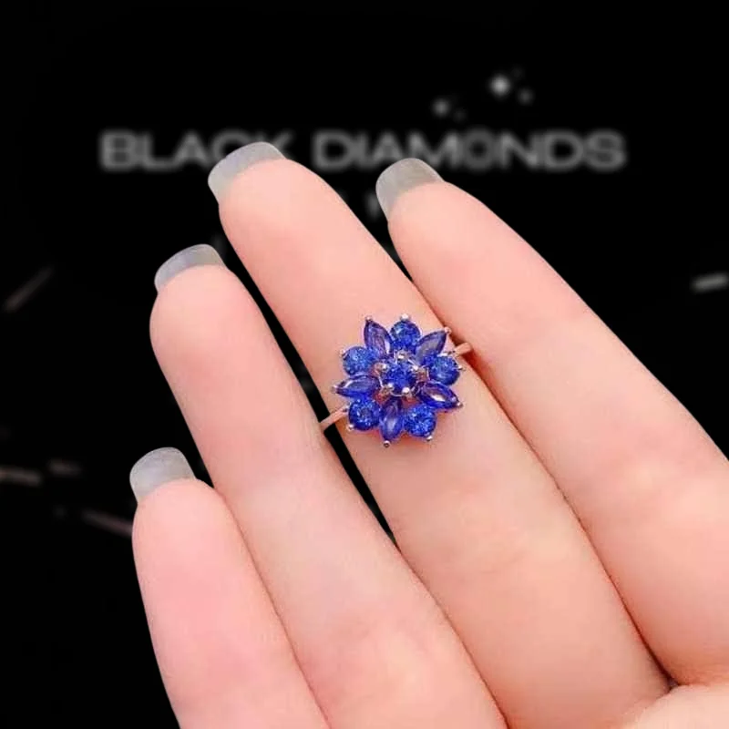 high-end engagement rings-Natural Dark Blue Sapphire Flower Ring