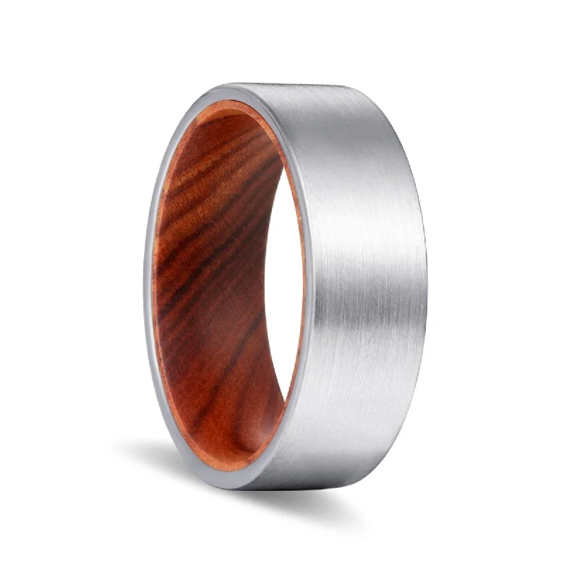 personalized rings for women-COVE | Iron Wood, Silver Tungsten Ring, Brushed, Flat