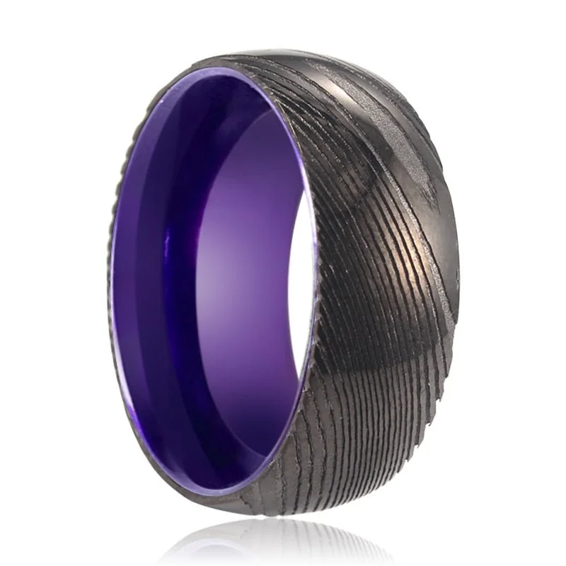 luxury rings for women-ZINNIA | Purple Ring, Gunmetal Damascus Steel Ring, Domed