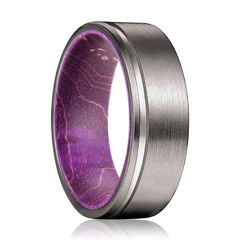 custom-made wedding rings for women-NACH | Purple Wood, Gunmetal Tungsten Offset Groove