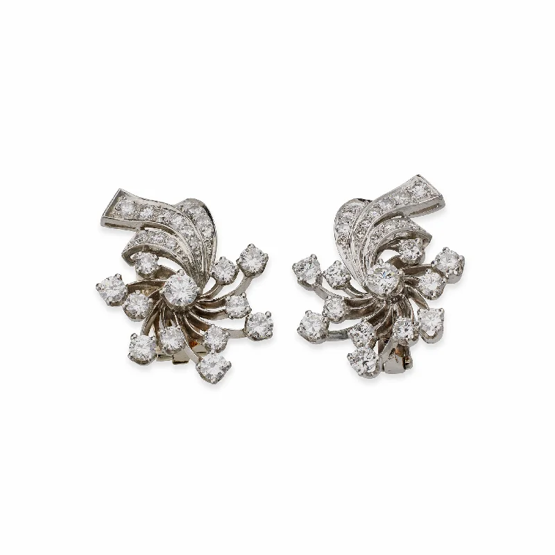 multi-layer earrings for women-Mid-Century Platinum and Diamond Clip Earrings