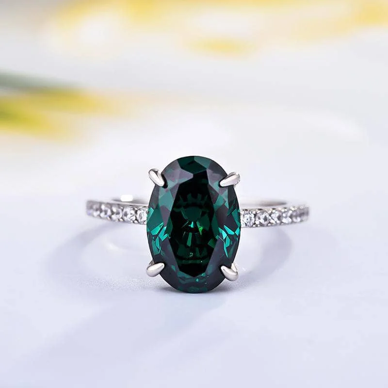 platinum engagement rings for women-Oval Cut Emerald Green Simulated Diamond Engagement Ring