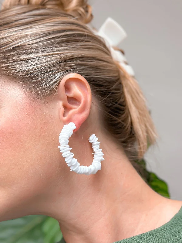 sophisticated earrings for women-Summer Shell Hoop Earrings - White