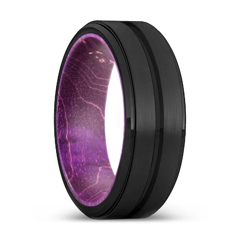 trendy rings for women-WILDE | Purple Wood, Black Tungsten Ring, Grooved, Stepped Edge