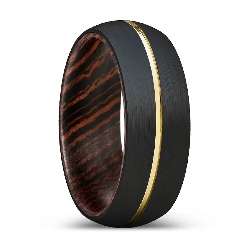 statement wedding rings for women-CLIFTON | Wenge Wood, Black Tungsten Ring, Gold Groove, Domed