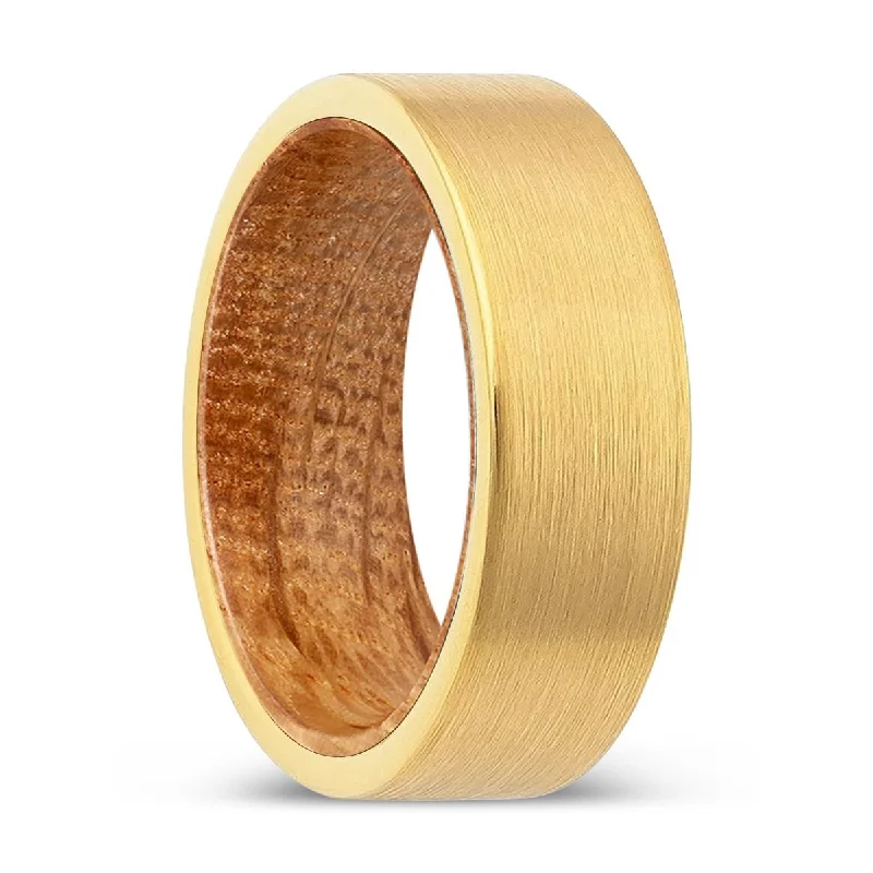 gold diamond rings for women-URBEN | Whiskey Barrel Wood, Gold Tungsten Ring, Brushed, Flat