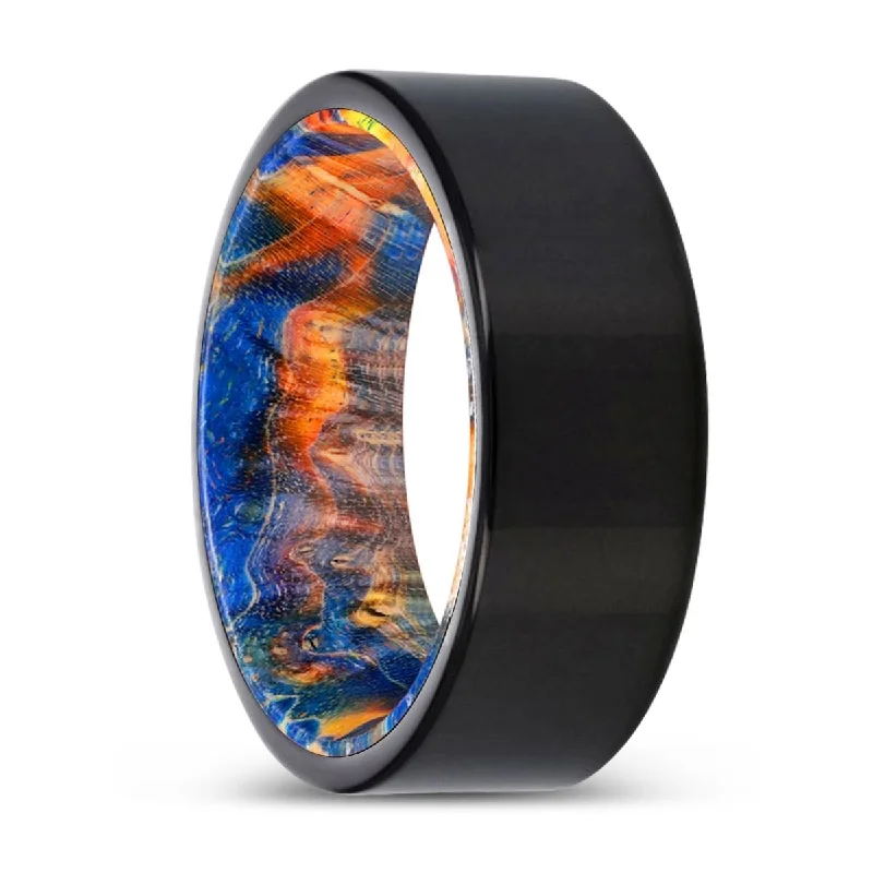 custom-designed rings for women-OAKHEART | Blue & Yellow/Orange Wood, Black Tungsten Ring, Shiny, Flat