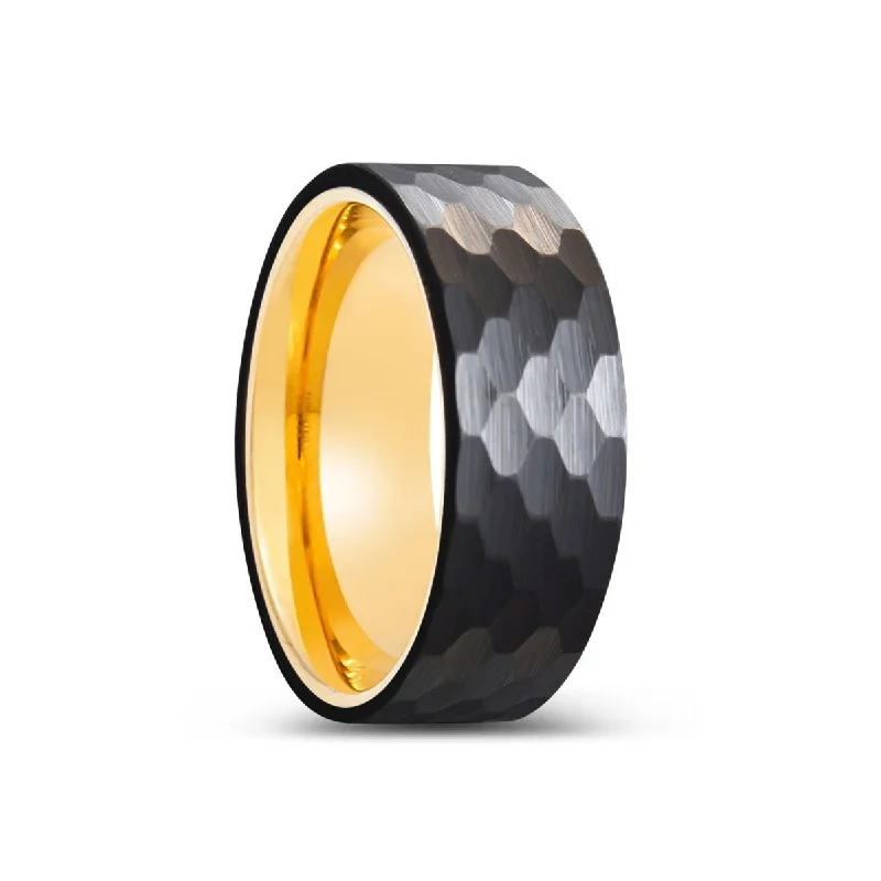 custom-designed rings for women-KNOX | Gold Ring, Black Tungsten Ring, Hammered, Flat