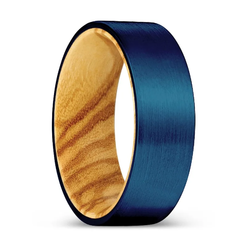 high-end engagement rings for women-ZIGZAG | Olive Wood, Blue Tungsten Ring, Brushed, Flat