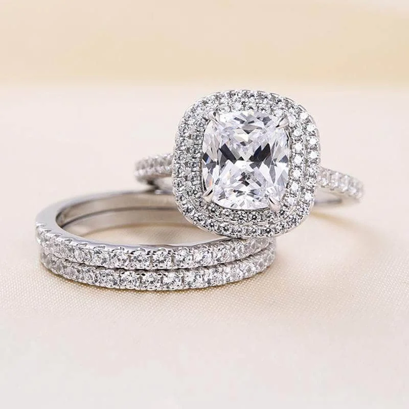 affordable engagement rings-Double Halo Cushion Cut 3-Pieces Wedding Set