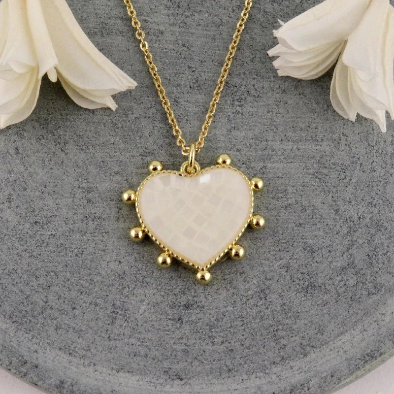 elegant necklaces for women-Mosaic Pearl Heart Necklace - White