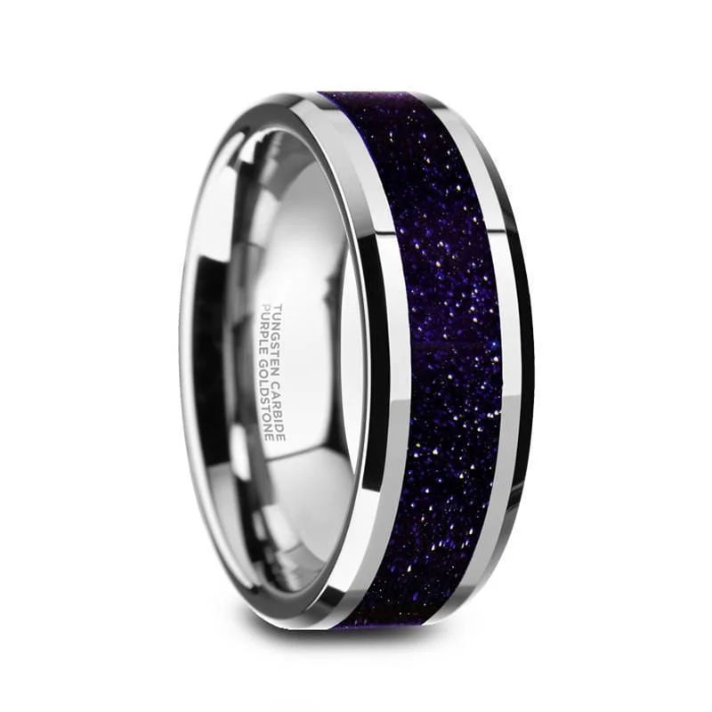 handmade rings for women-Logan Beveled Tungsten Purple Goldstone Inlay Wedding Ring - 8mm