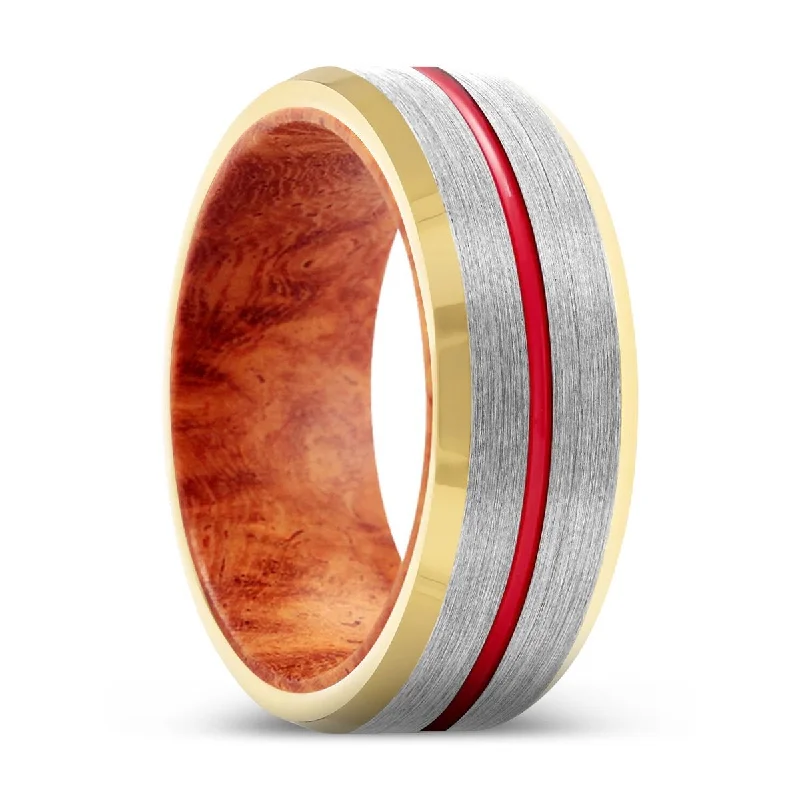 pearl rings for women-BEDROCK | Red Burl Wood, Silver Tungsten Ring, Red Groove, Gold Beveled Edge