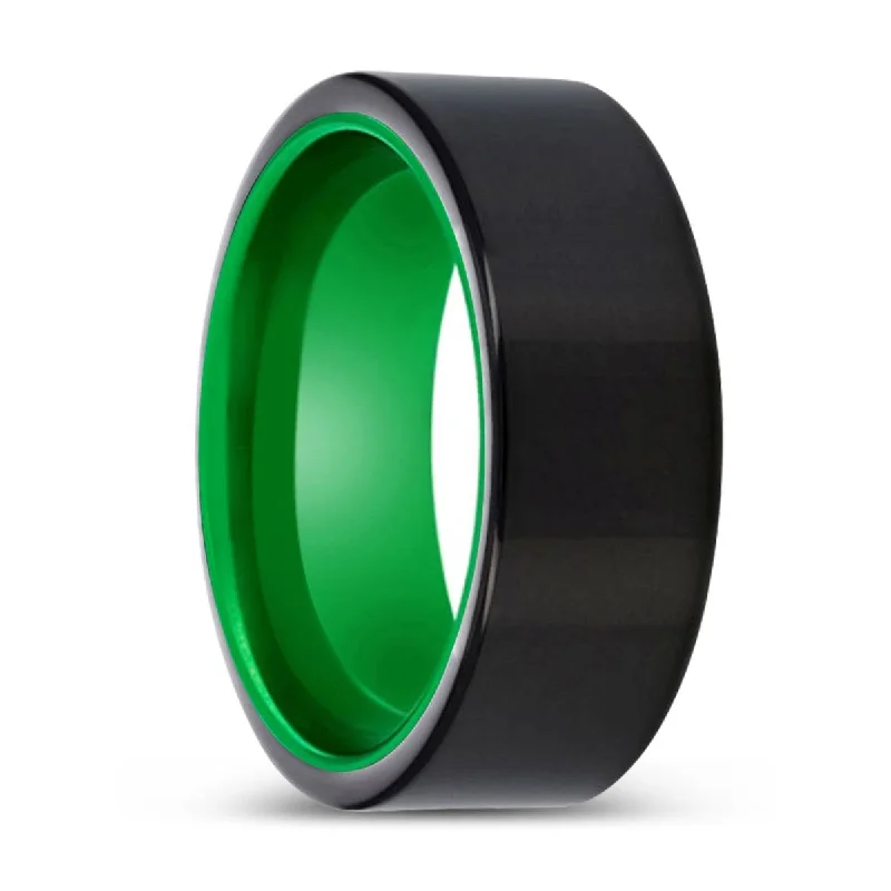 gold diamond rings for women-KENTON | Green Ring, Black Tungsten Ring, Shiny, Flat