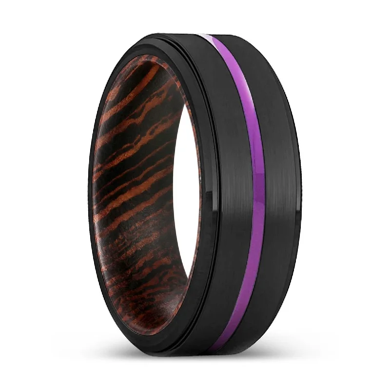 custom-made wedding rings for women-GRAFTON | Wenge Wood, Black Tungsten Ring, Purple Groove, Stepped Edge