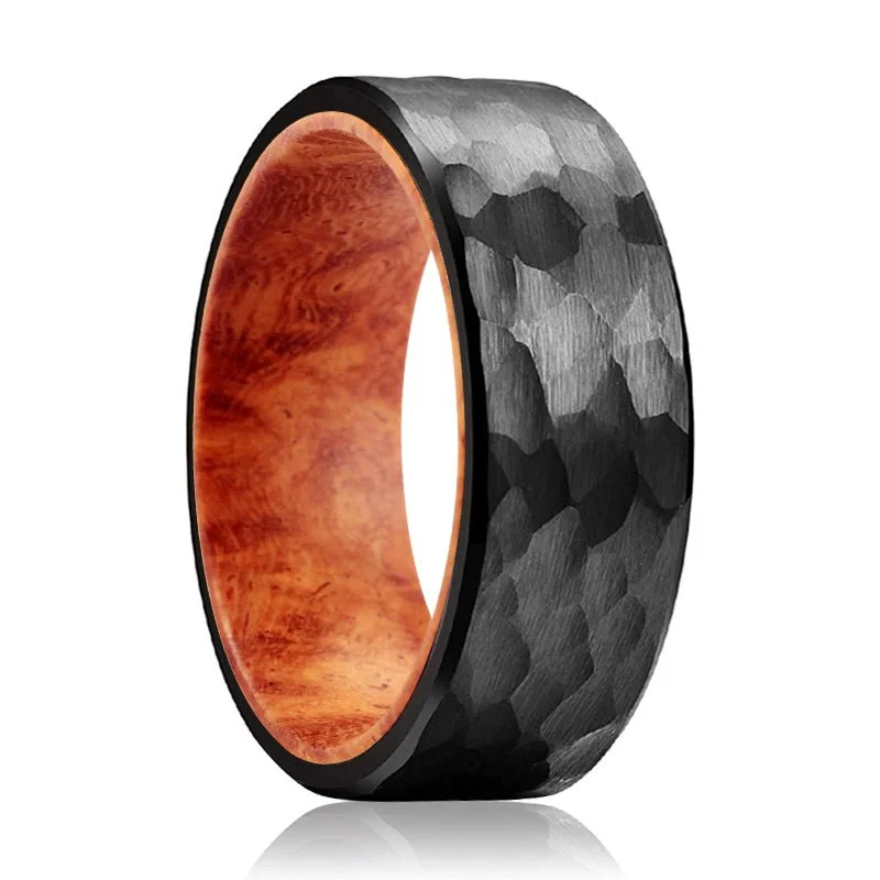 promise wedding rings for women-GILROY | Red Burl Wood, Black Tungsten Ring, Hammered, Flat