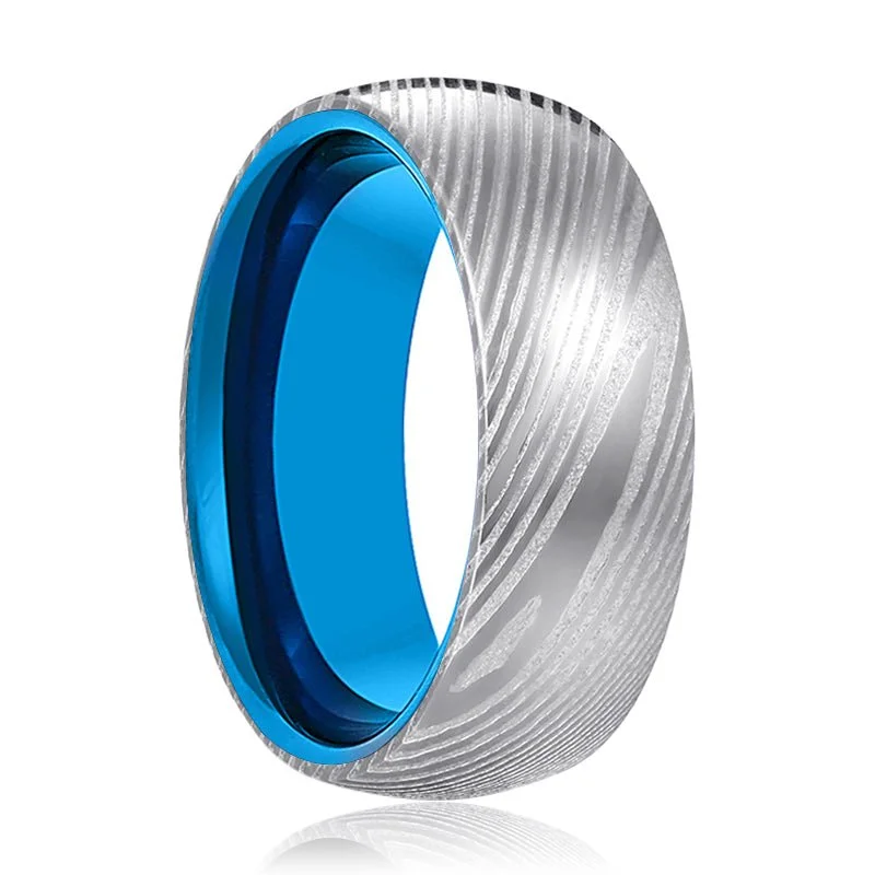 beautiful sapphire rings for women-NEPTUNE | Blue Tungsten Ring, Silver Damascus Steel, Domed