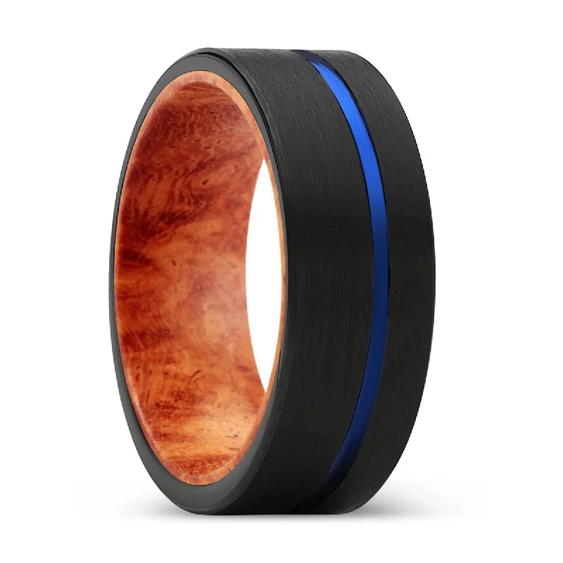 chic rings for women-DYNASTY | Red Burl Wood, Black Tungsten Ring, Blue Offset Groove, Flat